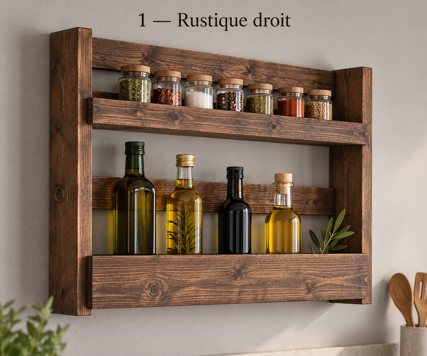 Proposition générée par IA — Variante 1 : étagère rustique sombre avec deux tablettes et des bandeaux droits