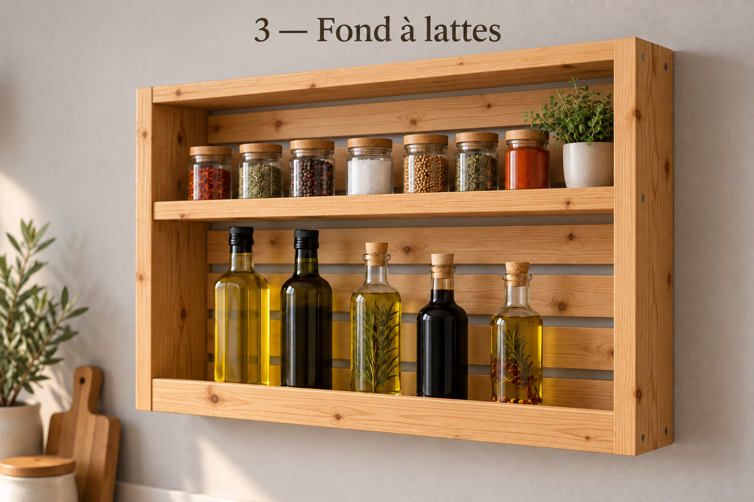 Proposition générée par IA — Variante 3 : étagère en bois avec un fond à lattes horizontales