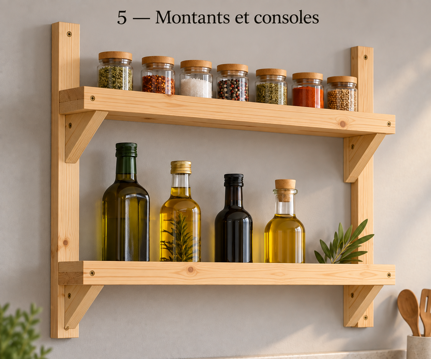 Proposition générée par IA — Variante 5 : deux tablettes portées par des montants et des consoles en bois